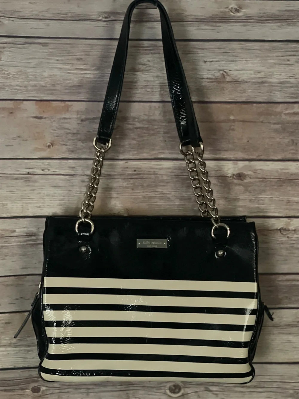 Kate Spade Cooper Square Darcy Black Cream Patent Leather Striped Shoulder Bag
